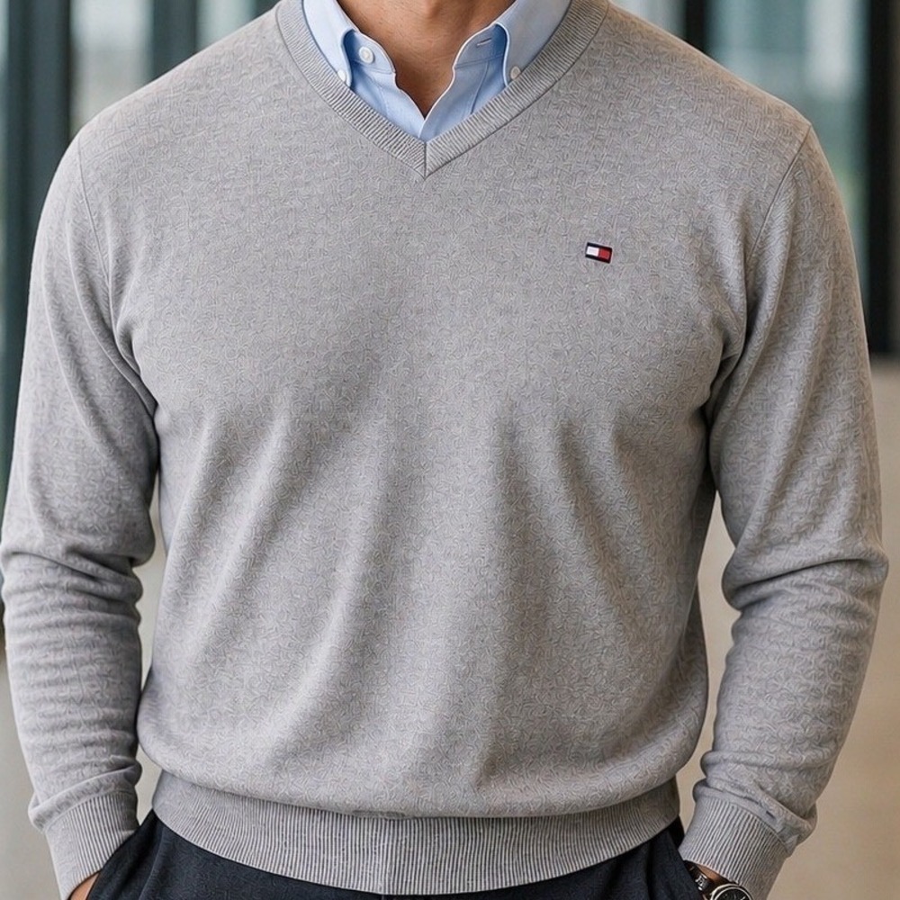 Tommy Hilfiger Mens XXL Blue V-Neck Sweater Pullover Long‎ Sleeve Logo Knit